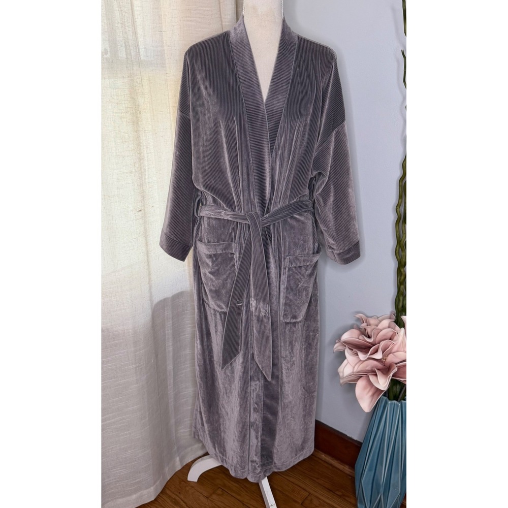 80s Vintage Christian Dior Monsieur Robe Ribbed Velvet Grey Striped One‎ Size